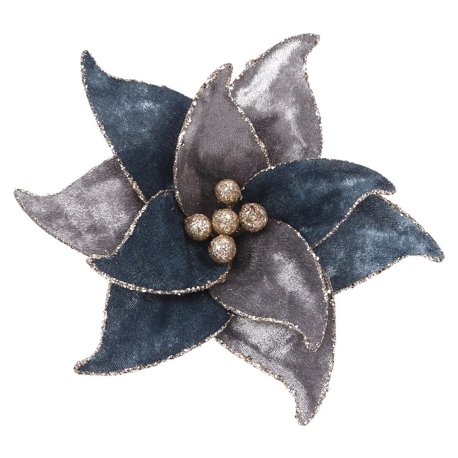 POINSETTIA HEAD BLUE /GRAY 7.5" VELVET W/GLTR EDGE WITH CLIP