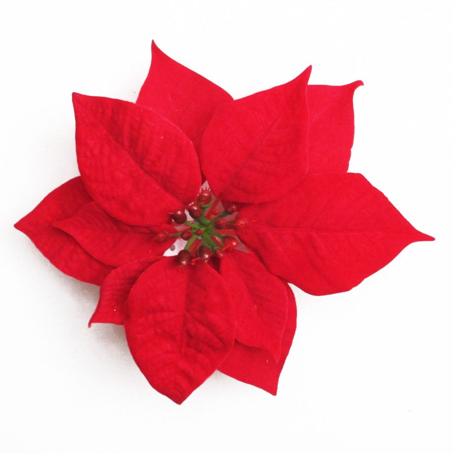 POINSETTIA HEAD RED 6.5" VELVET WITH CLIP
