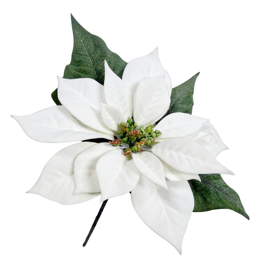 POINSETTIA STEM WHITE 12" DELUXE VELVET W/ 12" STEM
