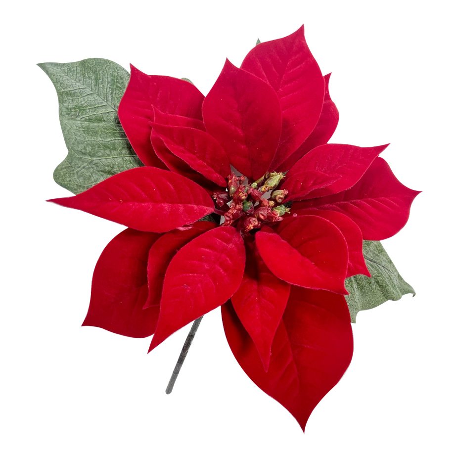 POINSETTIA STEM RED 12" DELUXE VELVET W/ 12" STEM