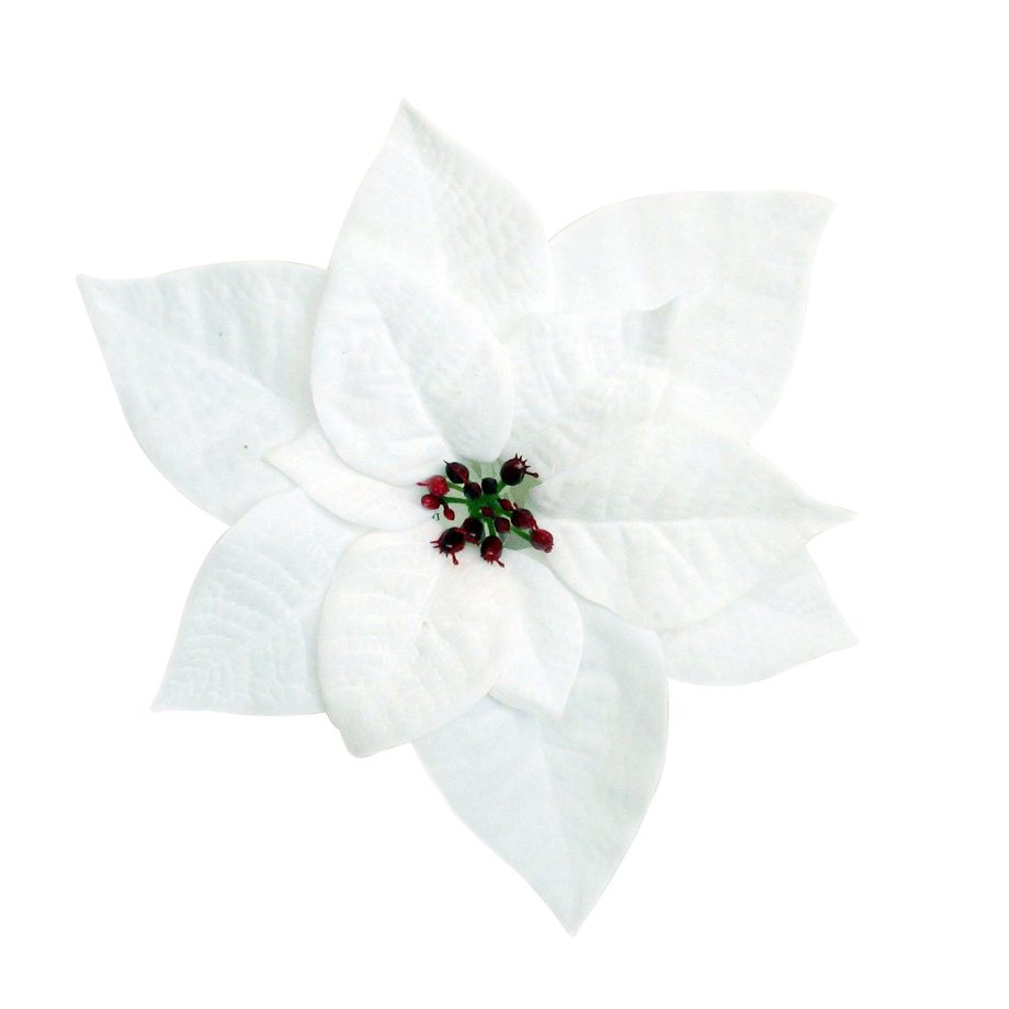 POINSETTIA HEAD WHITE 9" VELVET WITH CLIP