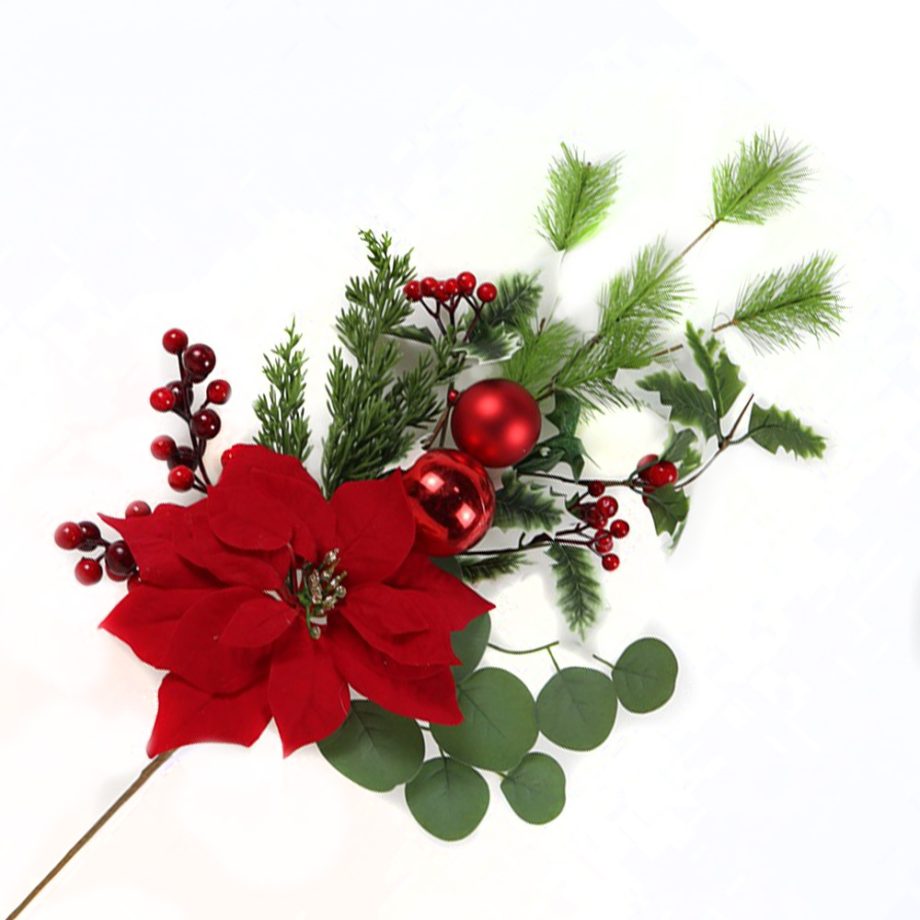 SPRAY RED POINSETTIA 32" GRN PINE, BERRY & BALLS W/ MIXED GREENERY