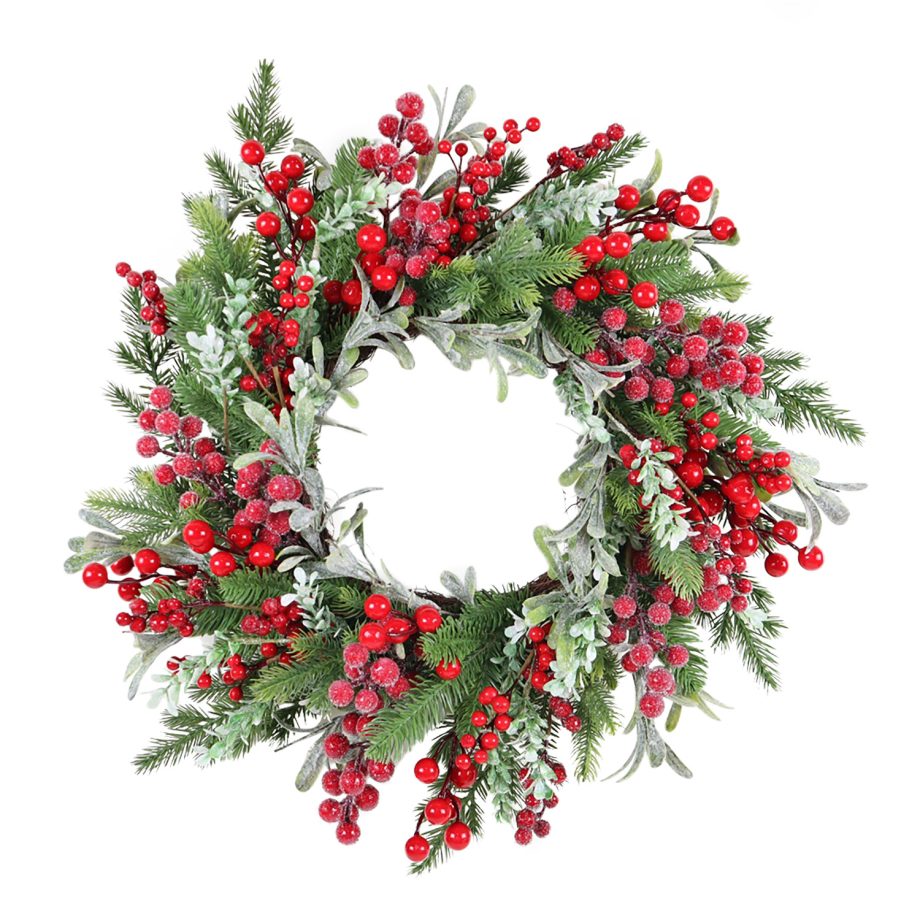 WREATH GRN 24" RED MIXED BERRIES, MISTLETOE & GREENERY