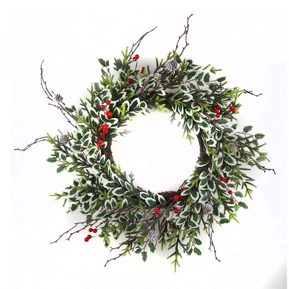 WREATH GRN 24" HOLLY LEAF, RED BERRY & MIXED PINE