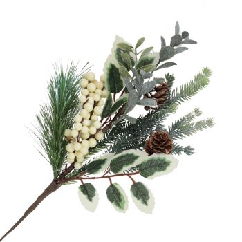 SPRAY GRN PINE 12" WHITE BERRY, MIXED GREENERY & CONES