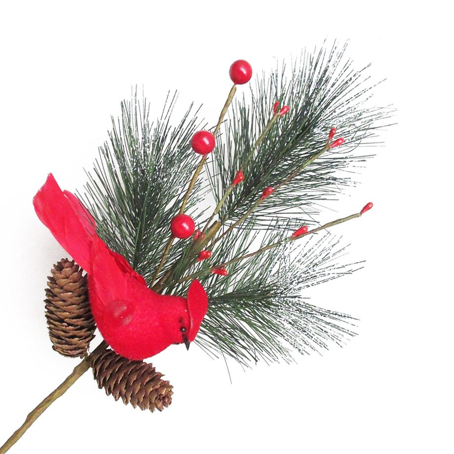 SPRAY GRN PINE 15" RED BERRIES W/ CARDINAL NEEDLE PINE  & CONES