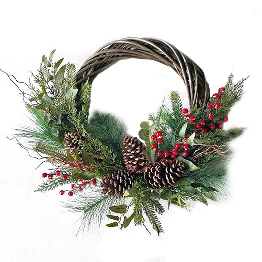 WREATH RATTAN 24" RED BERRY, MIXED GREENERY & PINE CONES FROSTED