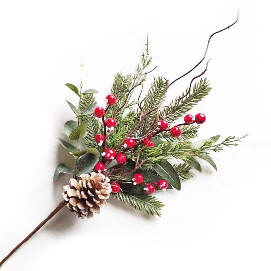 SPRAY FROSTED PINE 16" RED BERRY, MIXED GREENERY & CONE