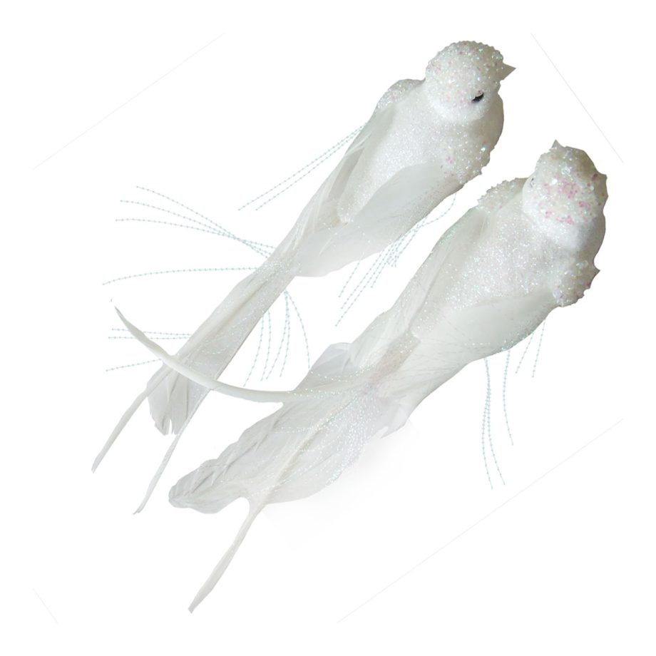 BIRD WHITE 8.5" W/ GLITTER & BEADS 2/S W/ CLIP