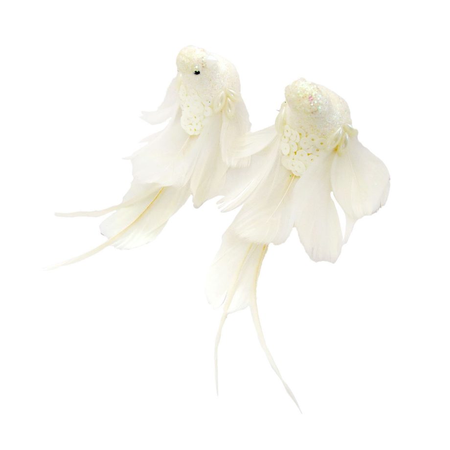 BIRD WHITE- PEARL 6.5" W/ GLITTER,SEQUINS & PEARL 2/S W/CLIP