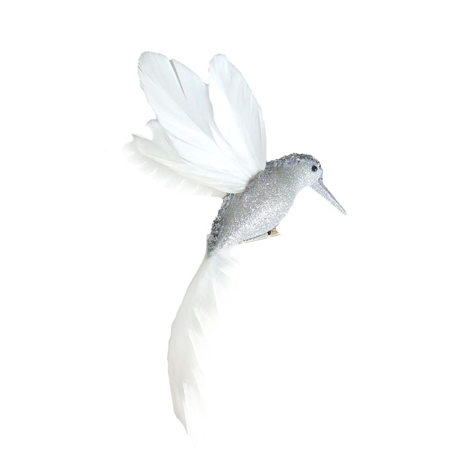 HUMMING BIRD WHITE 8" W/ GLITTER & CLIP