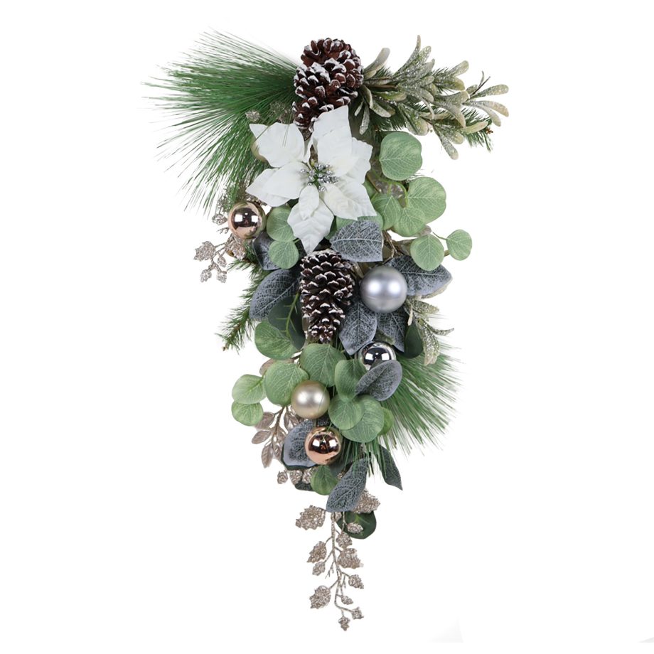 TEARDROP WHITE POINSETTIA 28" W/ MIXED GRRENS BERRIES & CHAMPAGNE BALLS