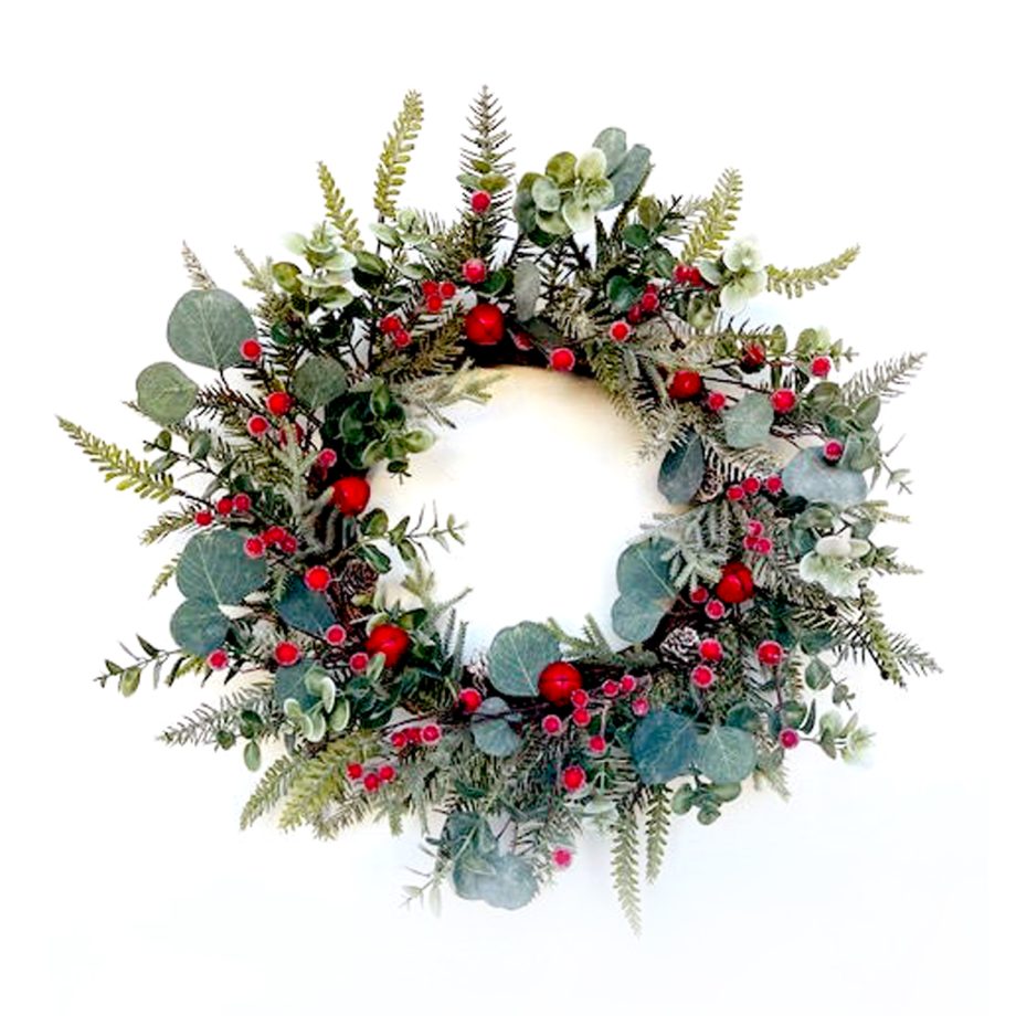 WREATH GRN 20" MIXED GREENERY, RED BERRIES & BELLS