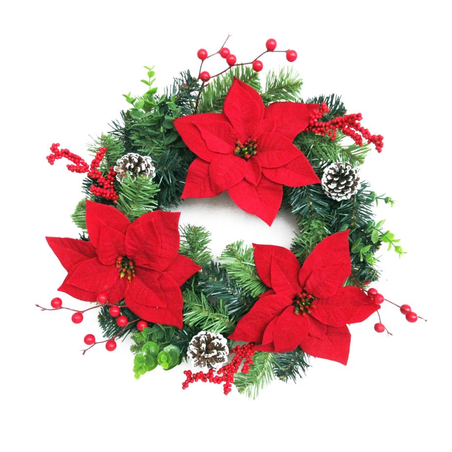 WREATH RED POINSETTIA 20" W/BERRY EUCALYPTUS & CONE