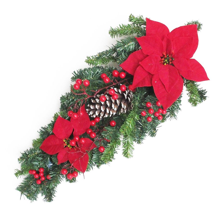 TEARDROP RED POINSETTIA 24" W/RED BERRIES,   | EUCALYPTUS & CONES