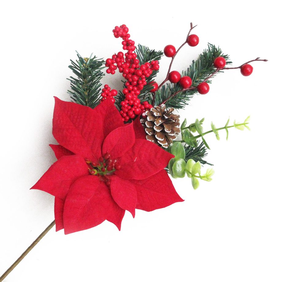 SPRAY RED POINSETTIA 16" BERRY, EUCALYTUS, CONE