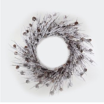 WREATH RATTAN 24" FLOCKED W/ MIXED TWIGS & PINE CONES