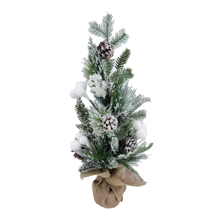 TREE TABLETOP 24" FLOCKED MIXED PINE W/ PINE CONES AND WHITE SNOW BALLS