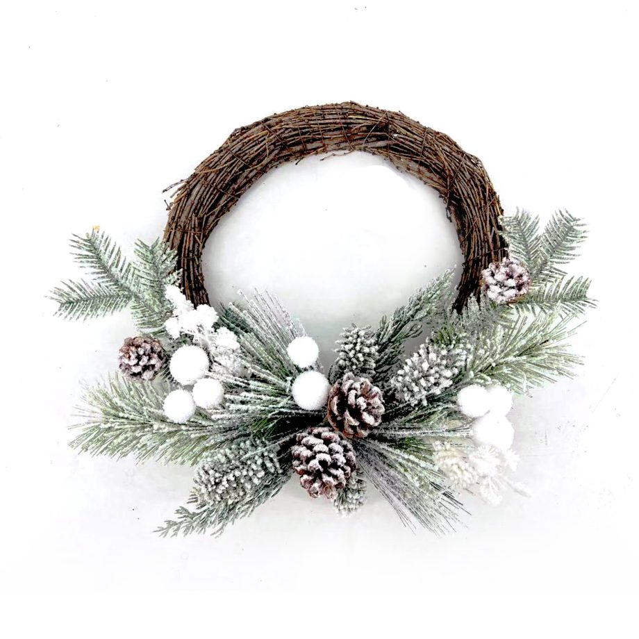 WREATH RATTAN 17.5" FLOCKED MIXED PINE W/ PINE CONE AND WHITE SNOW BALLS