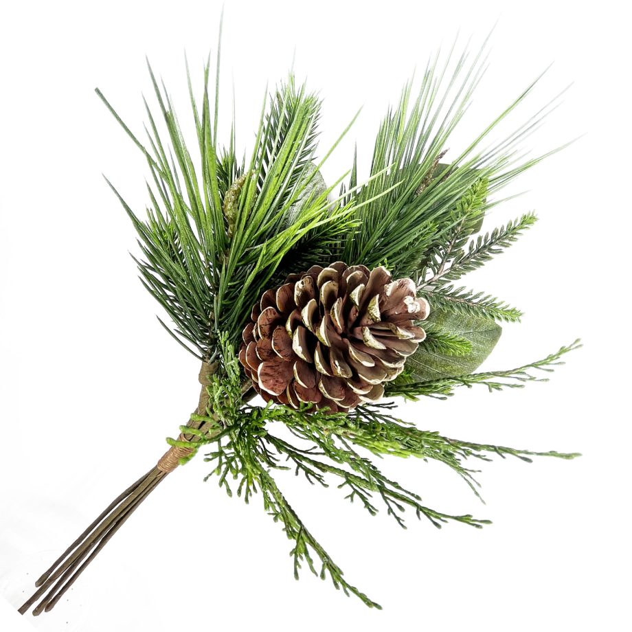 SPRAY PINE 20" NEEDLE PINE, CEDAR, MAGNOLIA LEAVES W/ FROSTED PINE CONE