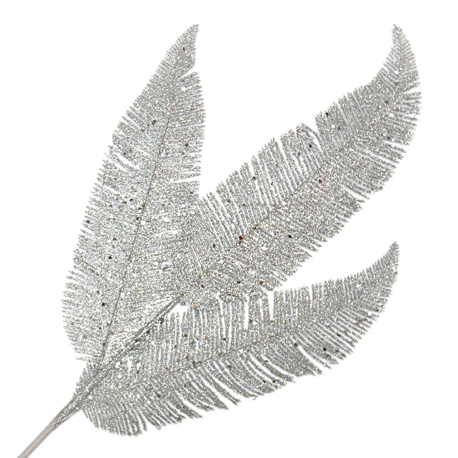SPRAY FERN LEAVES 23.5" SILVER GLITTER