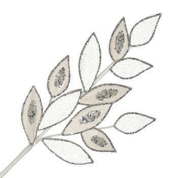 SPRAY LEAVES VELVET 30.5" WHITE/ SILVER  W/ GLTR & SEQUIN