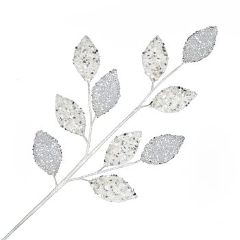 SPRAY LEAVES 30" WHITE  W/ SILVER BEADS, GLITTER & SEQUINS