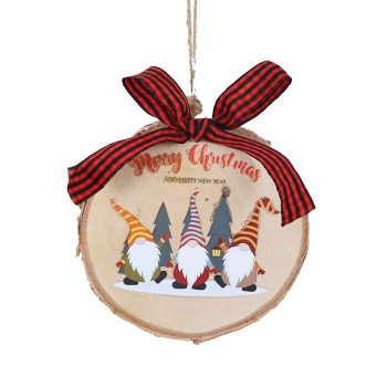 ORN WOODEN DISC NAT. 4" W/ GNOMES RED/ BLACK BOW