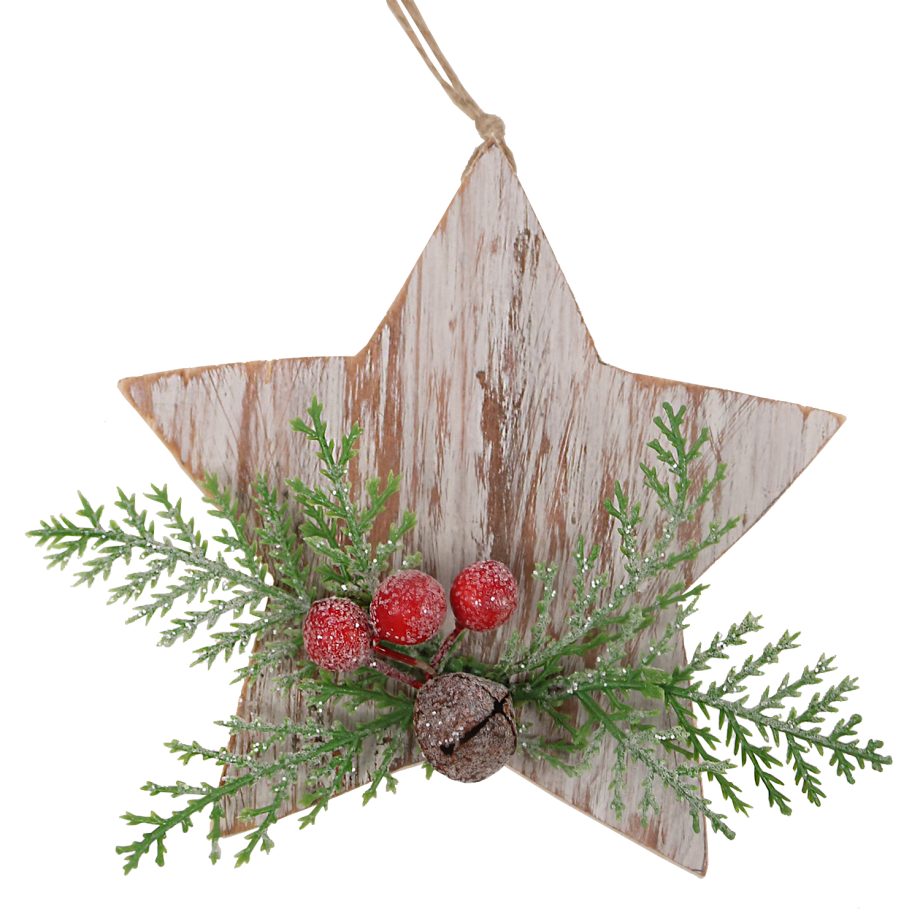 ORN WOODEN STAR 4" WHITEWASH W/ CEDAR & BERRIES