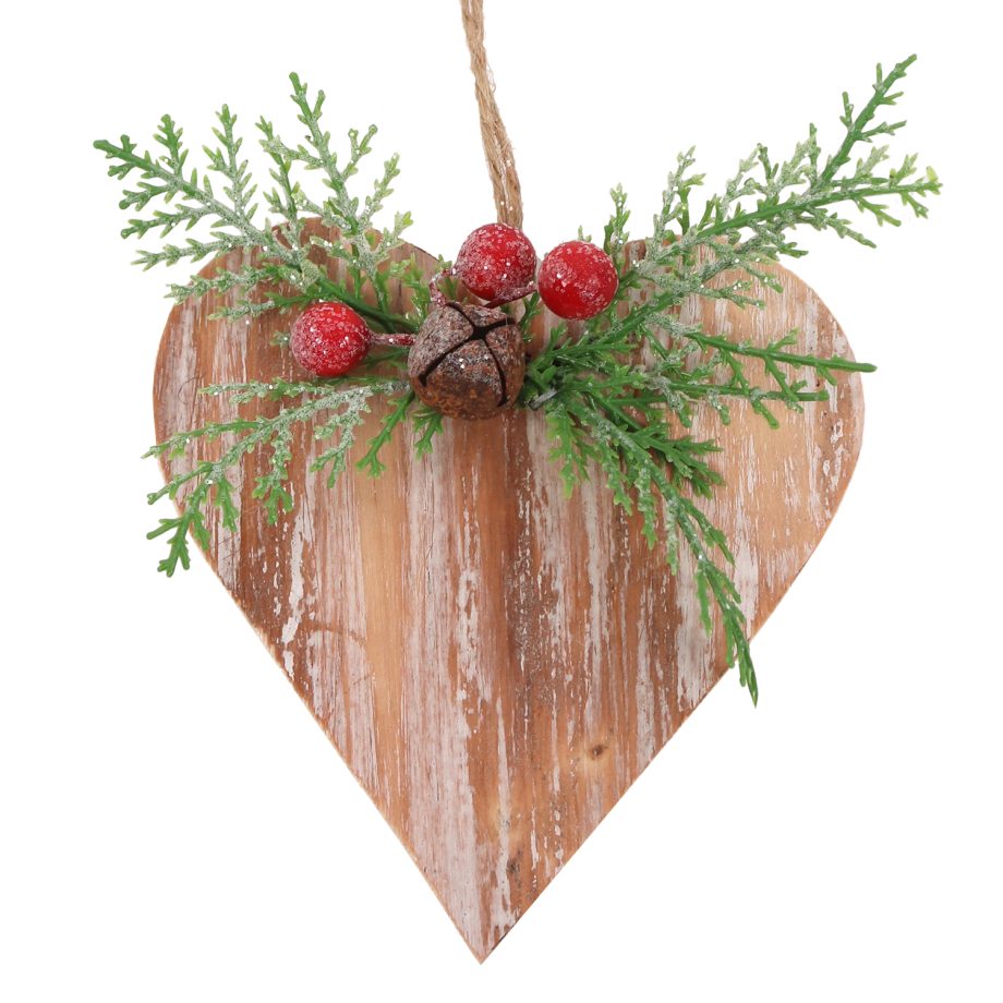 ORN WOODEN HEART 4" WHITEWASH W/ CEDAR & BERRIES