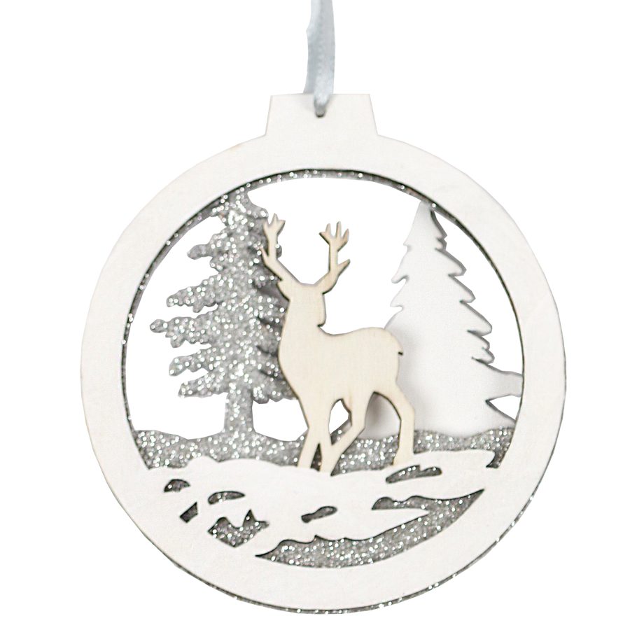 ORN WOODEN DISC 4" DEER IN FOREST WHITE/SILVER