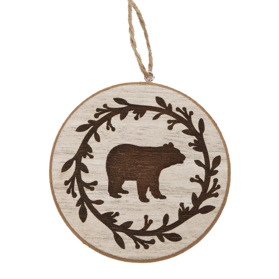 ORN WOODEN DISC 3" NATURAL WITH BEAR