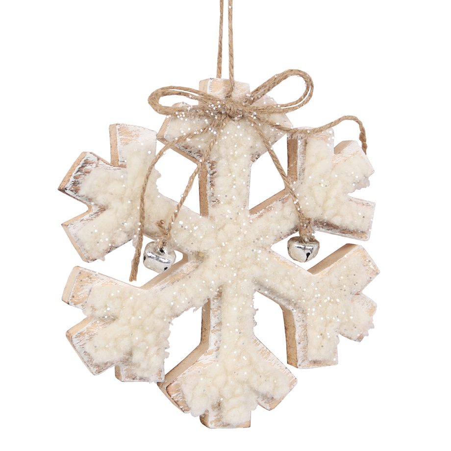 ORN WOODEN SNOWFLAKE 6.5" NATURAL/WHITE W/ SHERPA & BOW