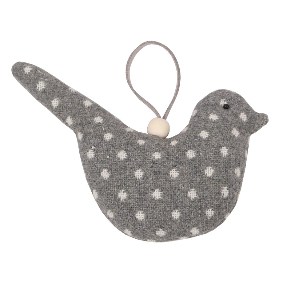 ORN FABRIC BIRD 3.5" GREY WITH DOTS