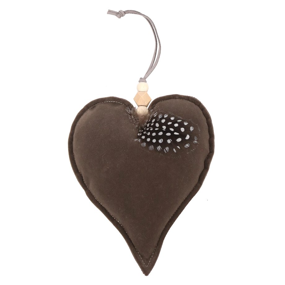 ORN FABRIC HEART 6" BROWN W/ FEATHER