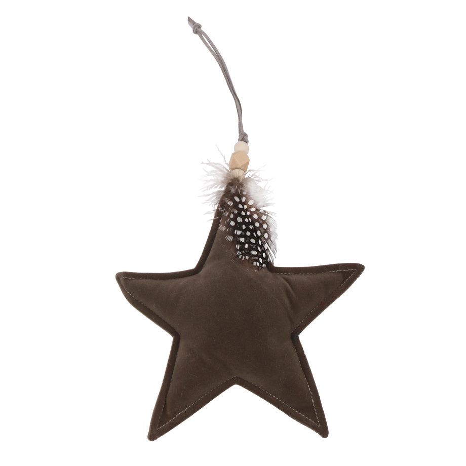 ORN FABRIC STAR 6.5" BROWN W/FEATHER