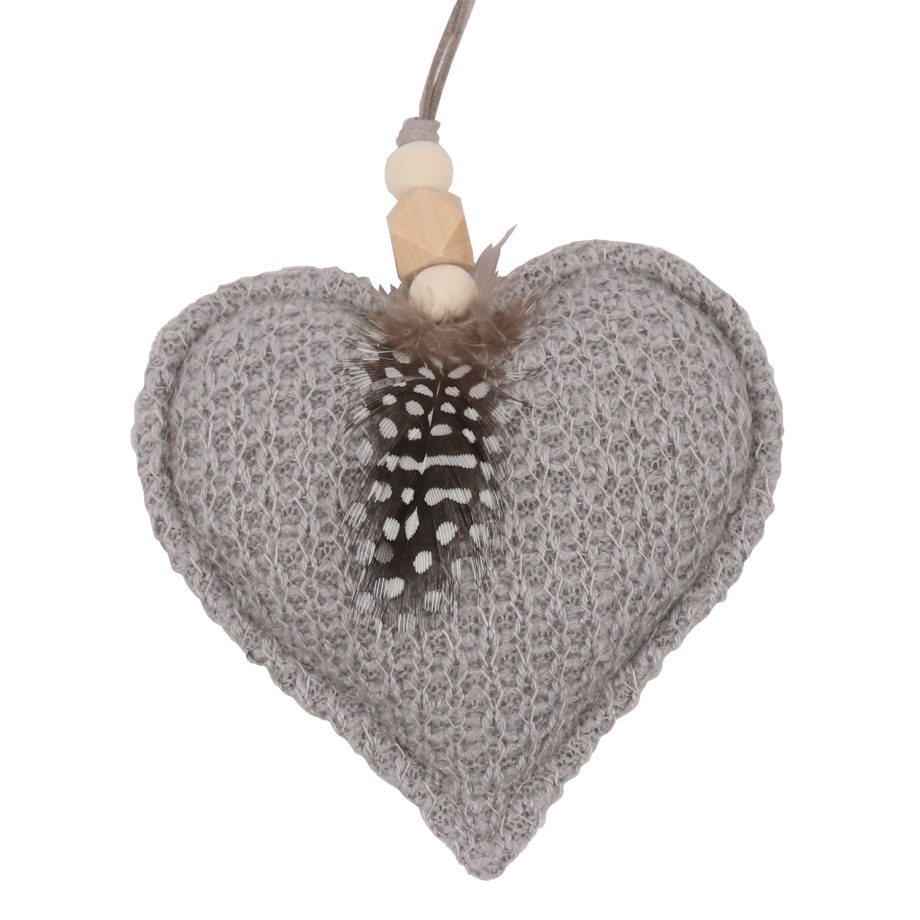 ORN FABRIC HEART 4.5" GRAY W/ FEATHER