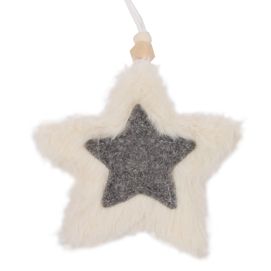 ORN FABRIC STAR 5" IVORY FUR W/ GRAY STAR