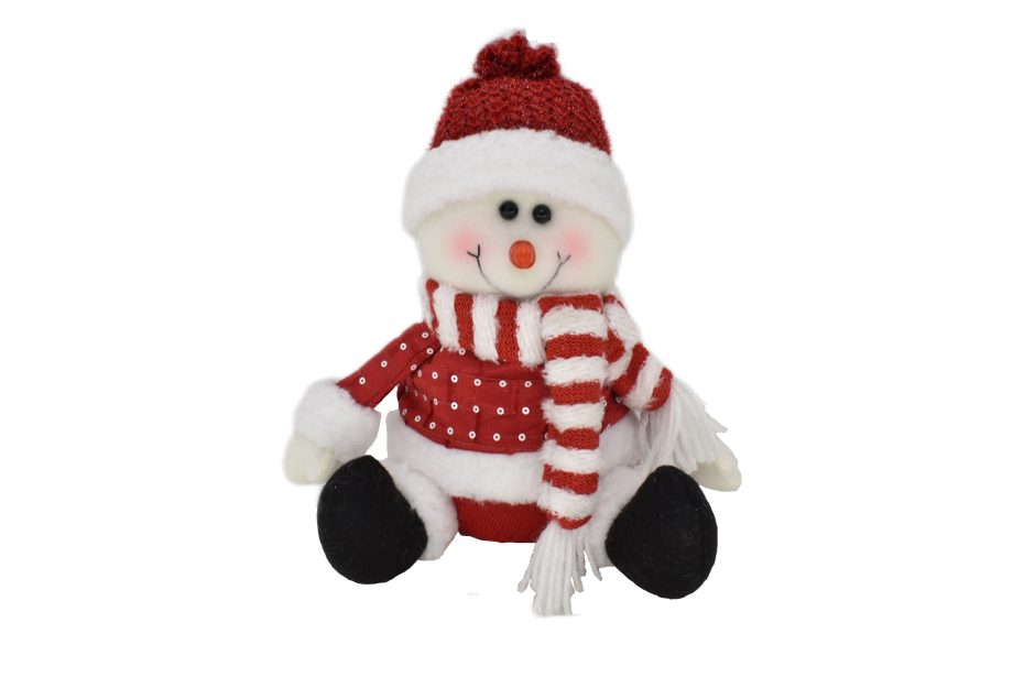 SNOWMAN PLUSH SITTING 8.5" RED/ WHITE AND POLKA DOTS