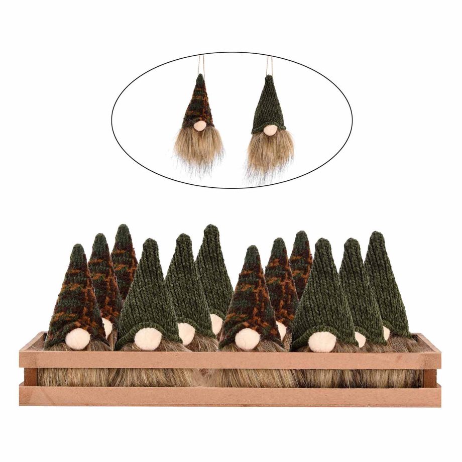 ORN PLUSH GNOME 7" DARK GREEN/ BROWN 2/S IN DISPLAY BOX