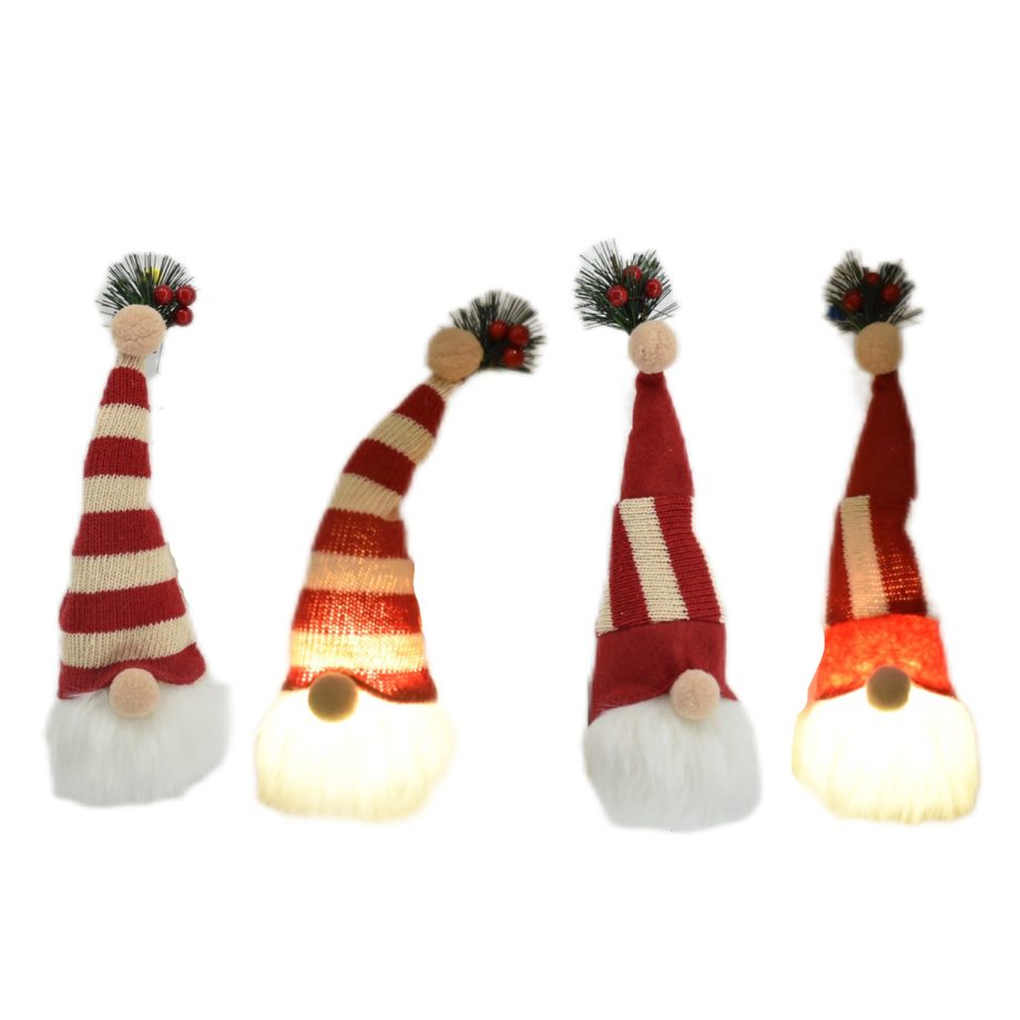 ORN PLUSH GNOME 10" LED W/ RED/WHITE STRIPES HAT  2 STYLES