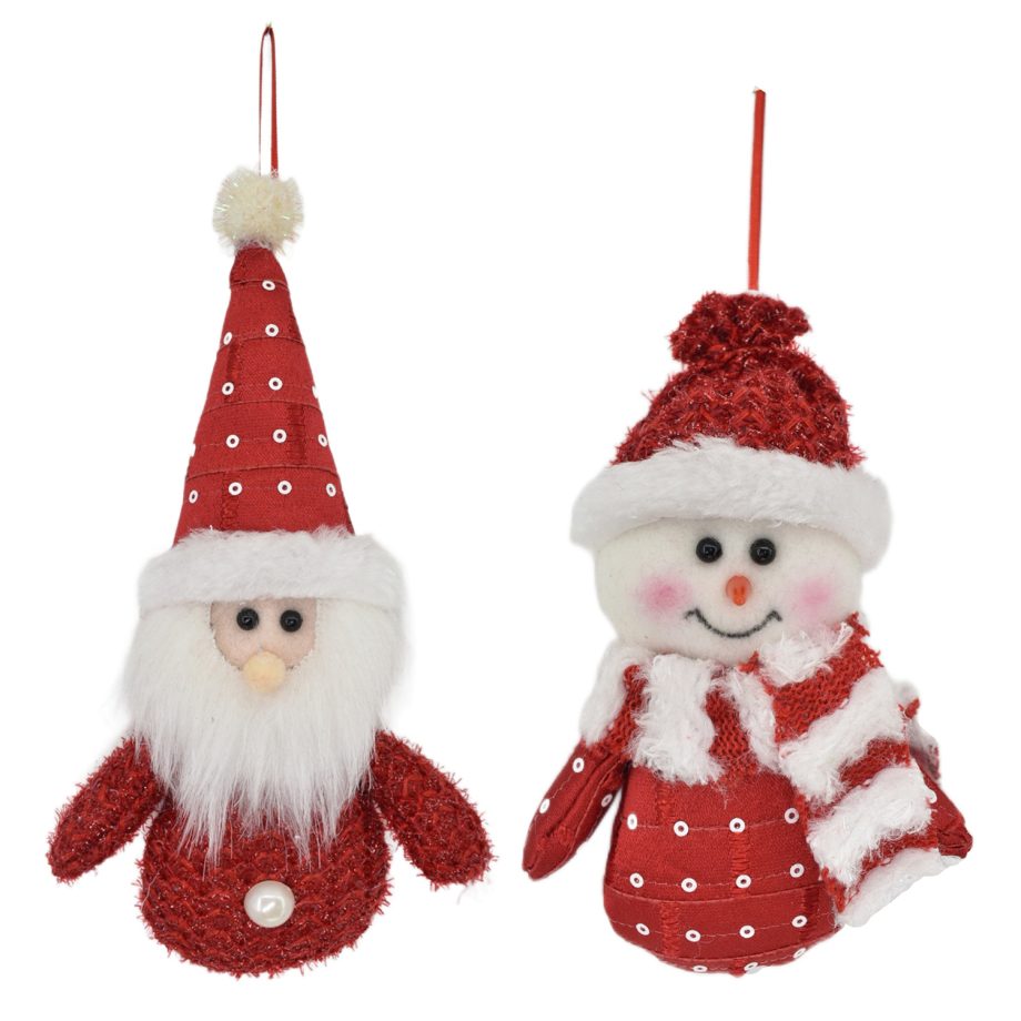 ORN PLUSH SANTA- SNOWMAN RED/WHITE AND POLKA DOTS 5.5" 2/S