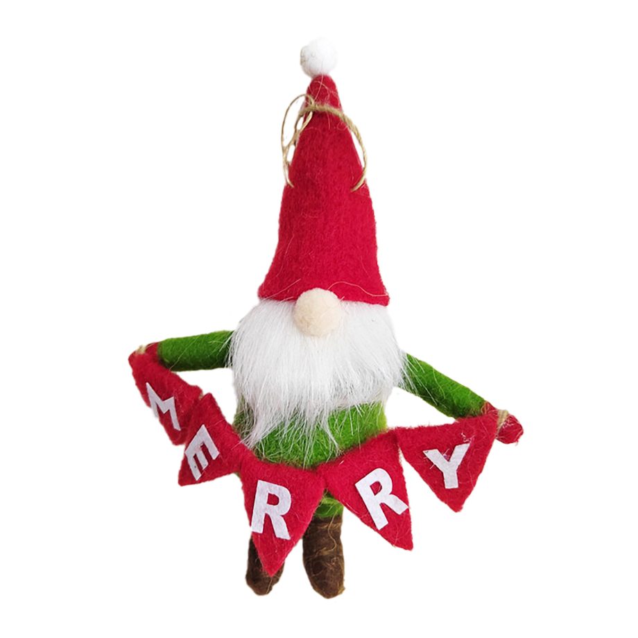 ORN WOOL SANTA 6.5" W/ MERRY FLAG 6.5"