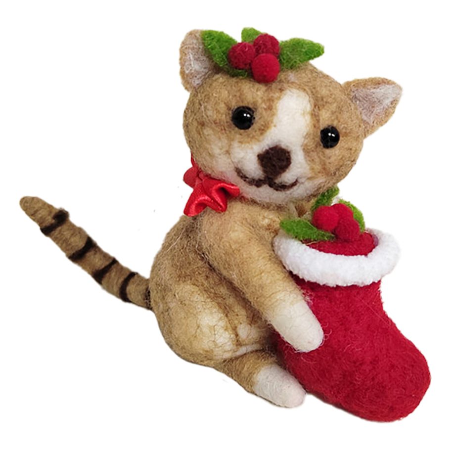 ORN WOOL CAT 4" W RED STOCKING