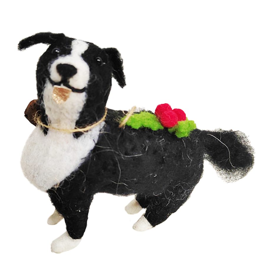 ORN WOOL DOG 4.5" BLACK & WHITE W/ BELL AND HOLLY