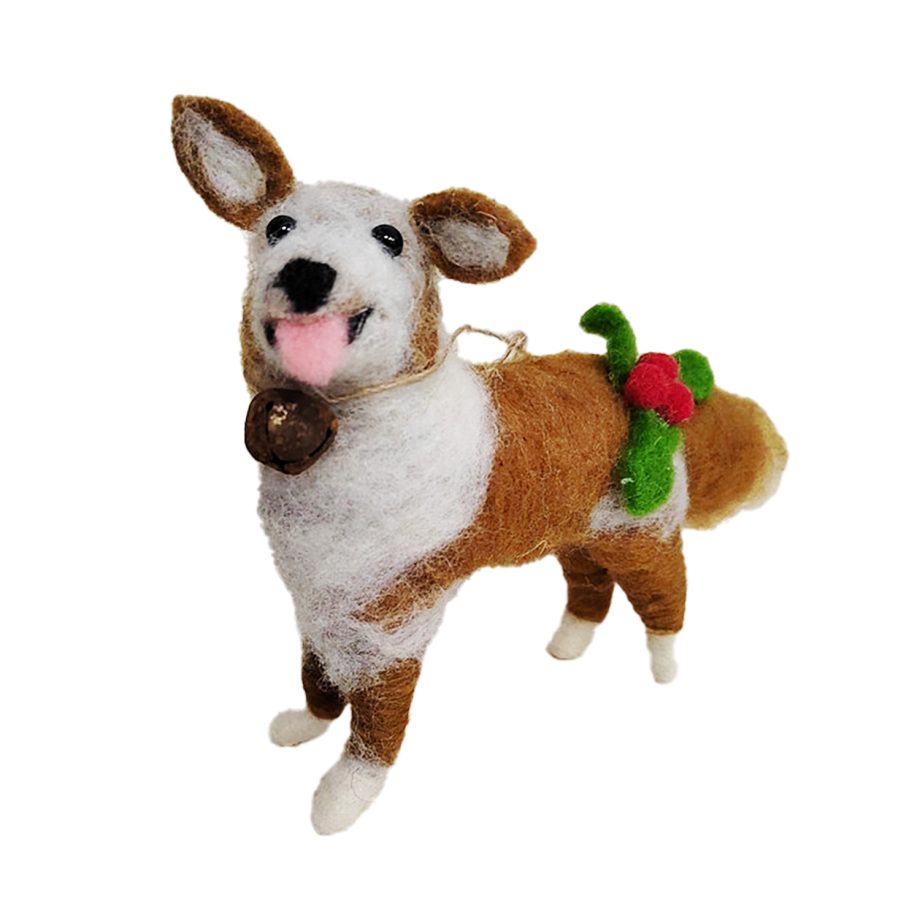 ORN WOOL DOG 4.5" BROWN & WHITE W/ BALL