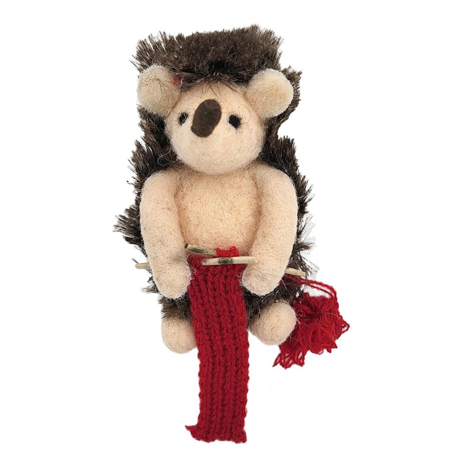 ORN WOOL HEADGEHOG 4.5" W/ KNITTING SCARF