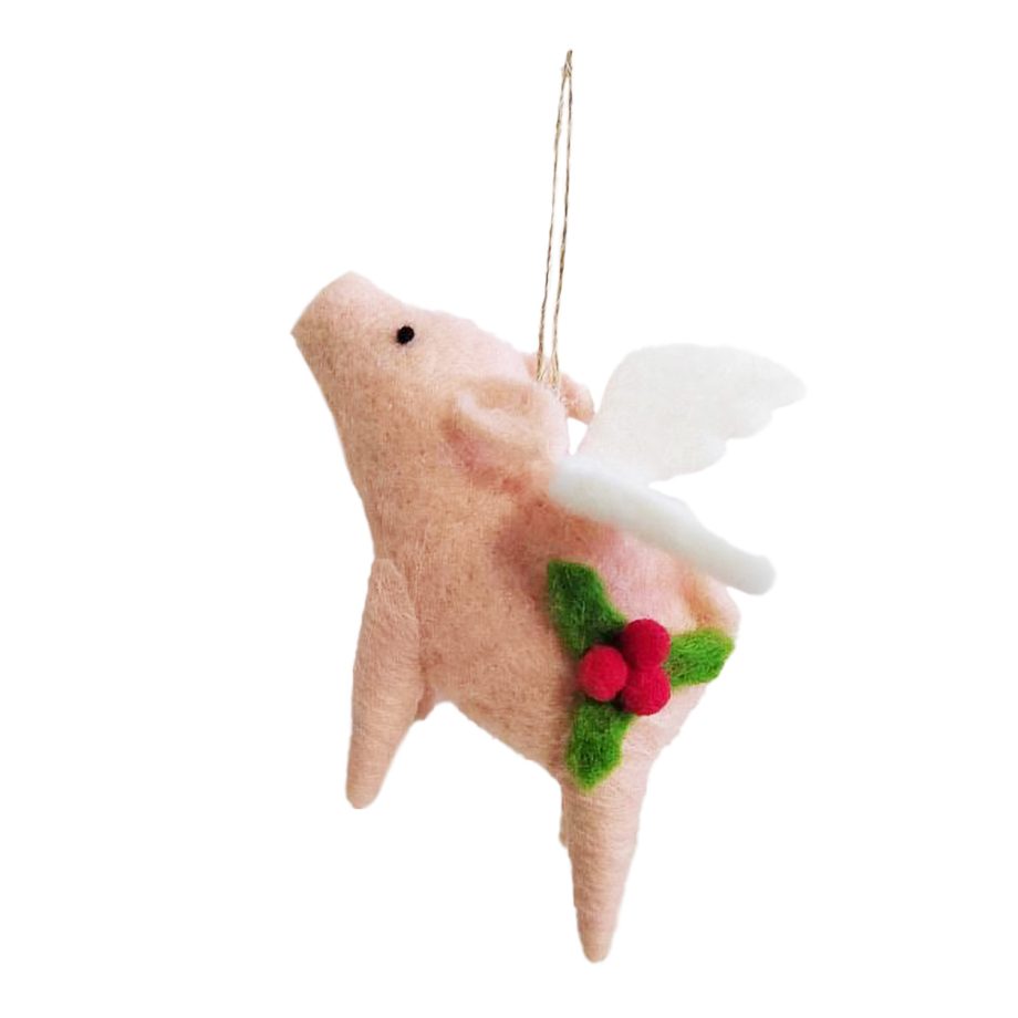 ORN WOOL FLYING PIG 4.5" PINK
