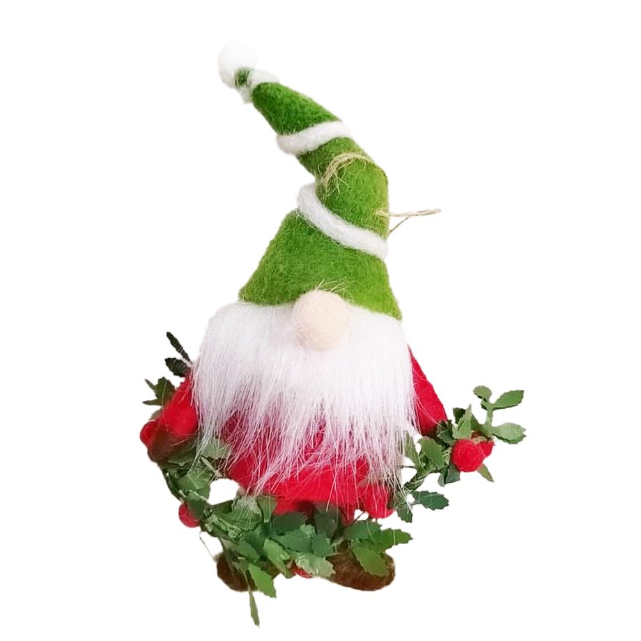 ORN WOOL GNOME WITH HOLLY LEAF GARLAND 5.5"
