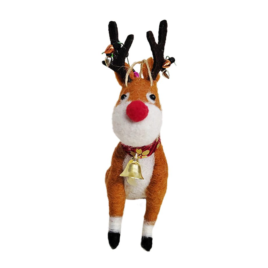 ORN WOOL REINDEER WITH BELL AND LIGHTS 6"